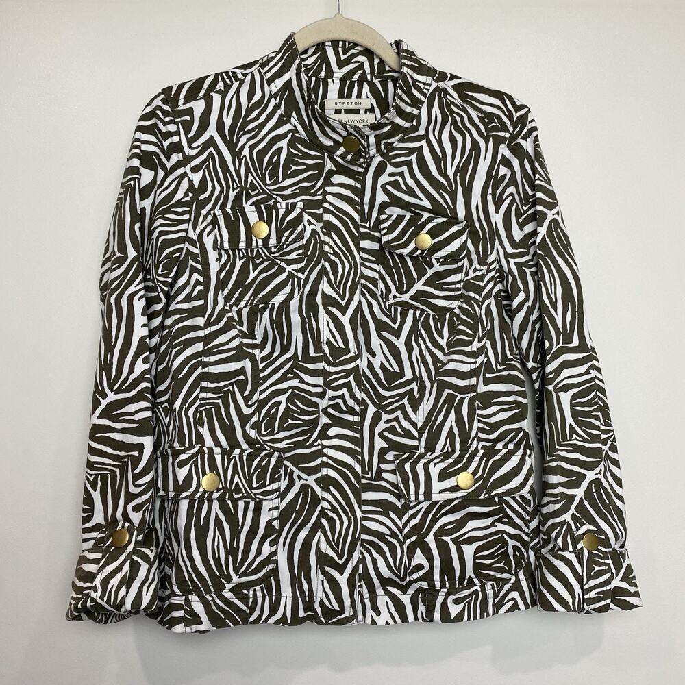 Jones New York Sport Women’s Zebra Print Dark Olive Green Jacket Sz Medium GUC